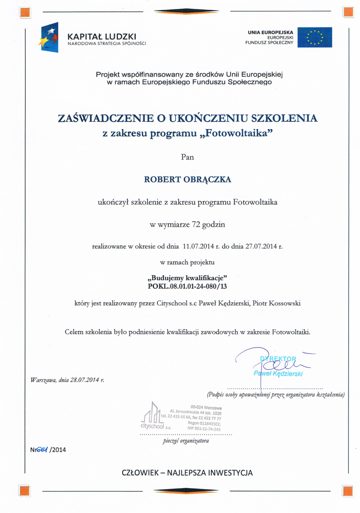 Zaświadczenie o ukończeniu szkolenia Fotowoltaika